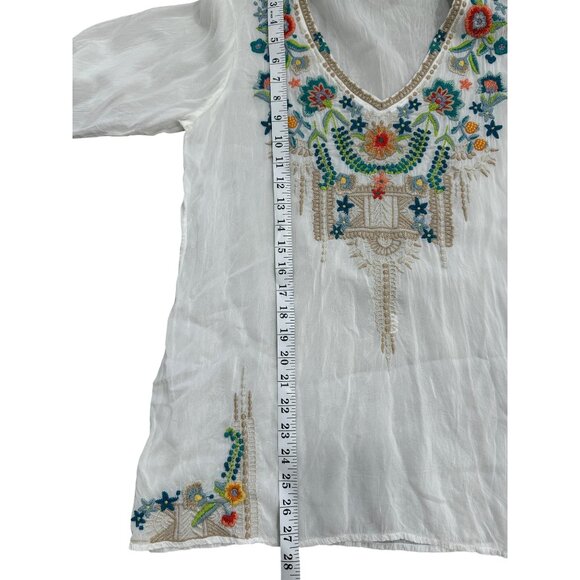 Johnny Was White Embroidered Boho Tunic Top 3/4 Sleeve Sheer Womens Size M - Picture 5 of 7